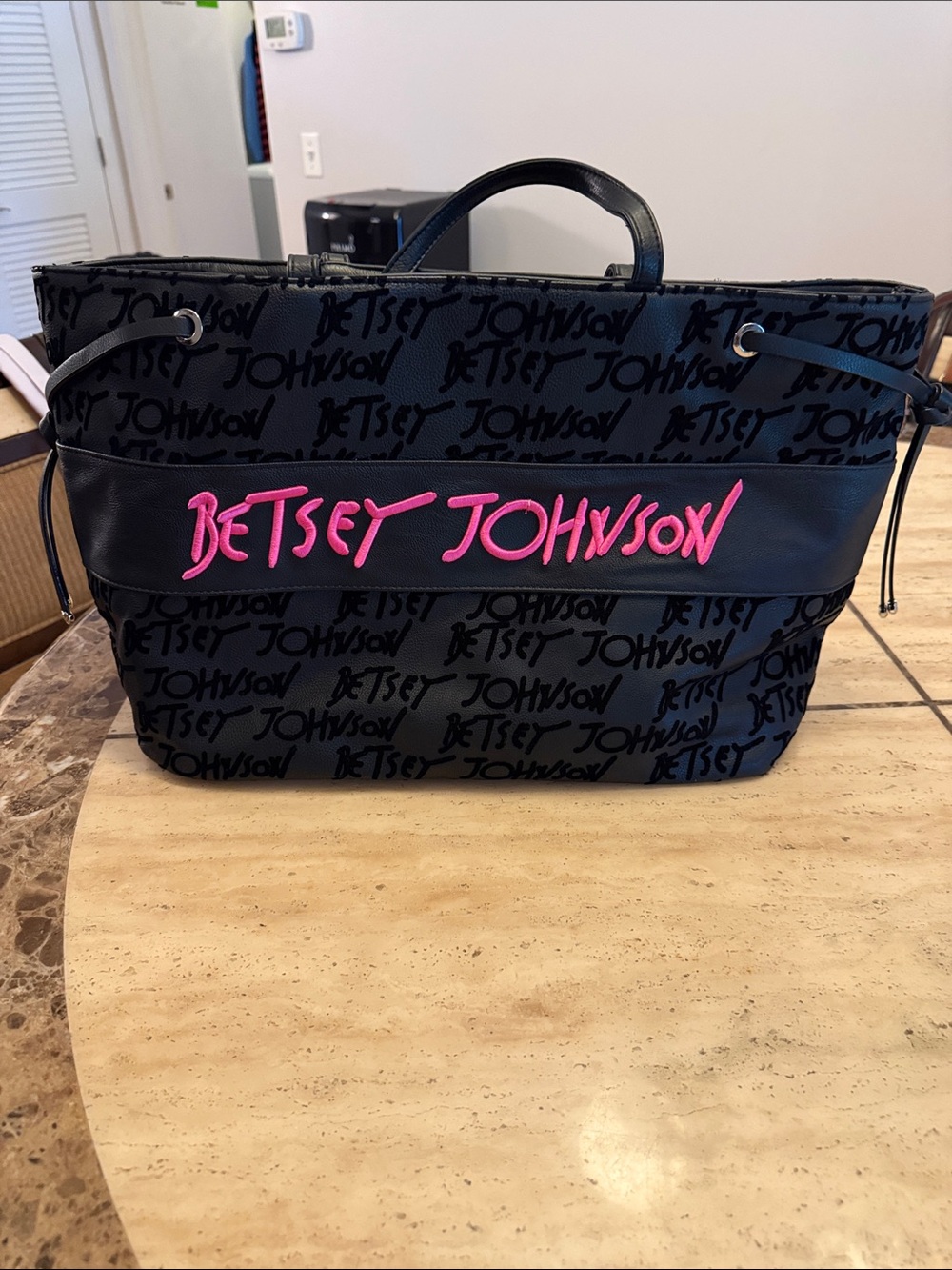Betsey Johnson Black Tote with Pink Script Logo